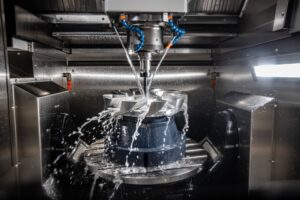 Metalworking CNC lathe milling machine. Cutting metal modern processing technology.